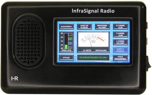 Black InfraSignal Radio with a blue multi-panel display showing a VU meter and control buttons; speaker grille on the left.